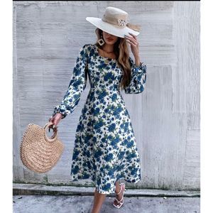 Square Neck Cottagecore Floral Print Lantern Sleeve Button Front Dress Size Smal